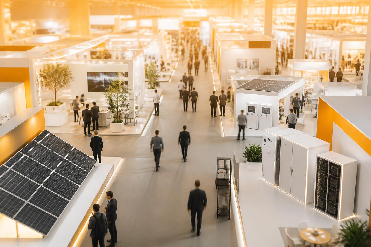 Padiglione di una fiera dell&rsquo;energia con pannelli solari e sistemi di accumulo, immagine illustrativa